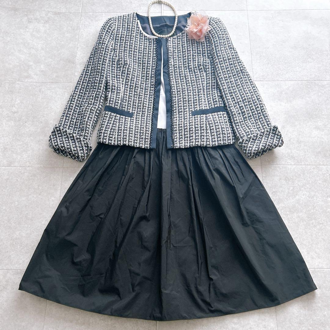 美品✨アンタイトル ママスーツ ノーカラー ツイードジャケット スカート 黒系