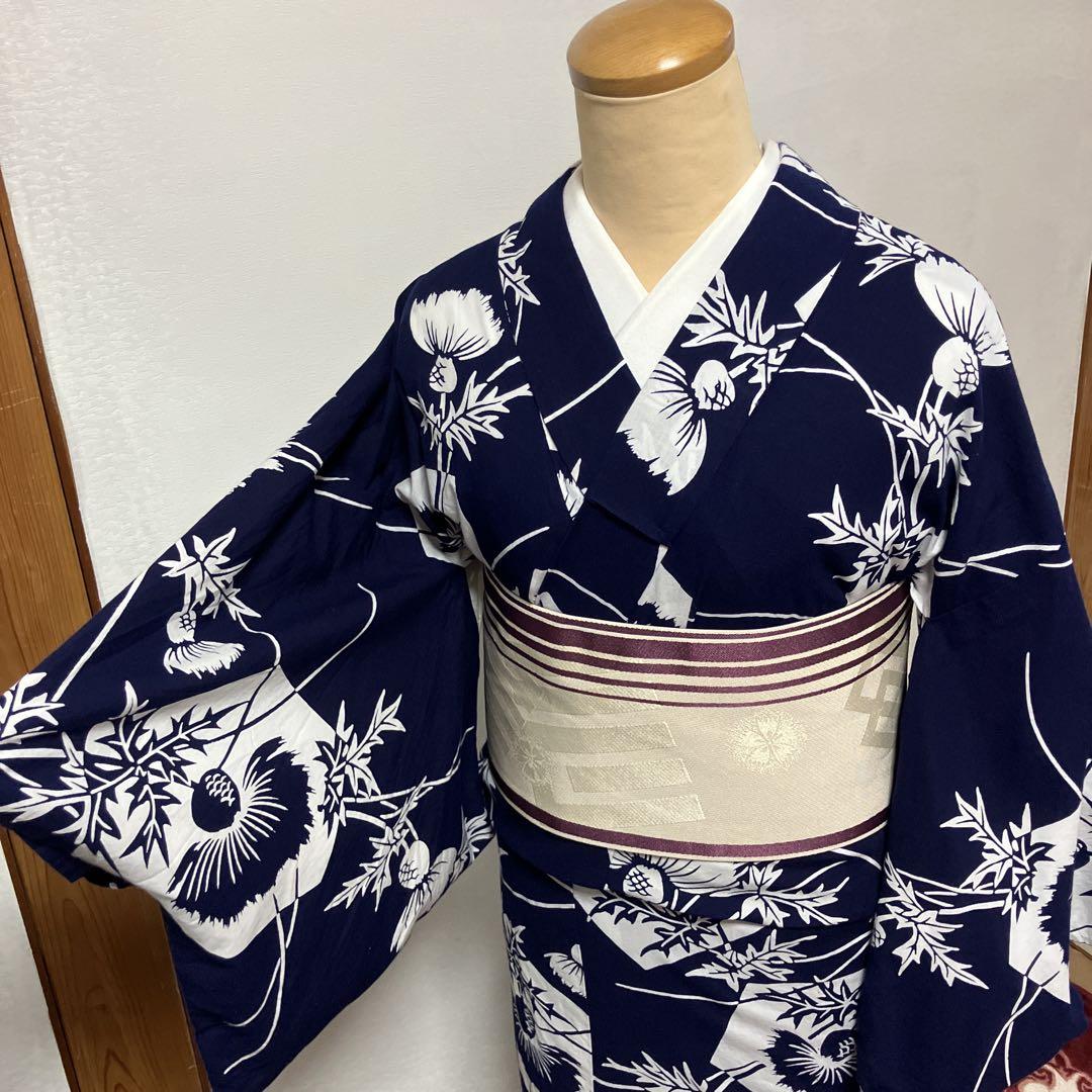 アンティーク レトロ 型染め 紺色 アザミ柄 浴衣 手縫い 綿