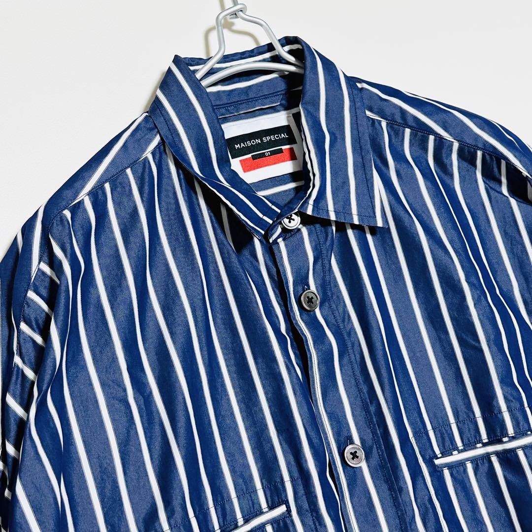 美品　メゾンスペシャル　ストライプシャツワンピース　シャンブレーシャツネイビー