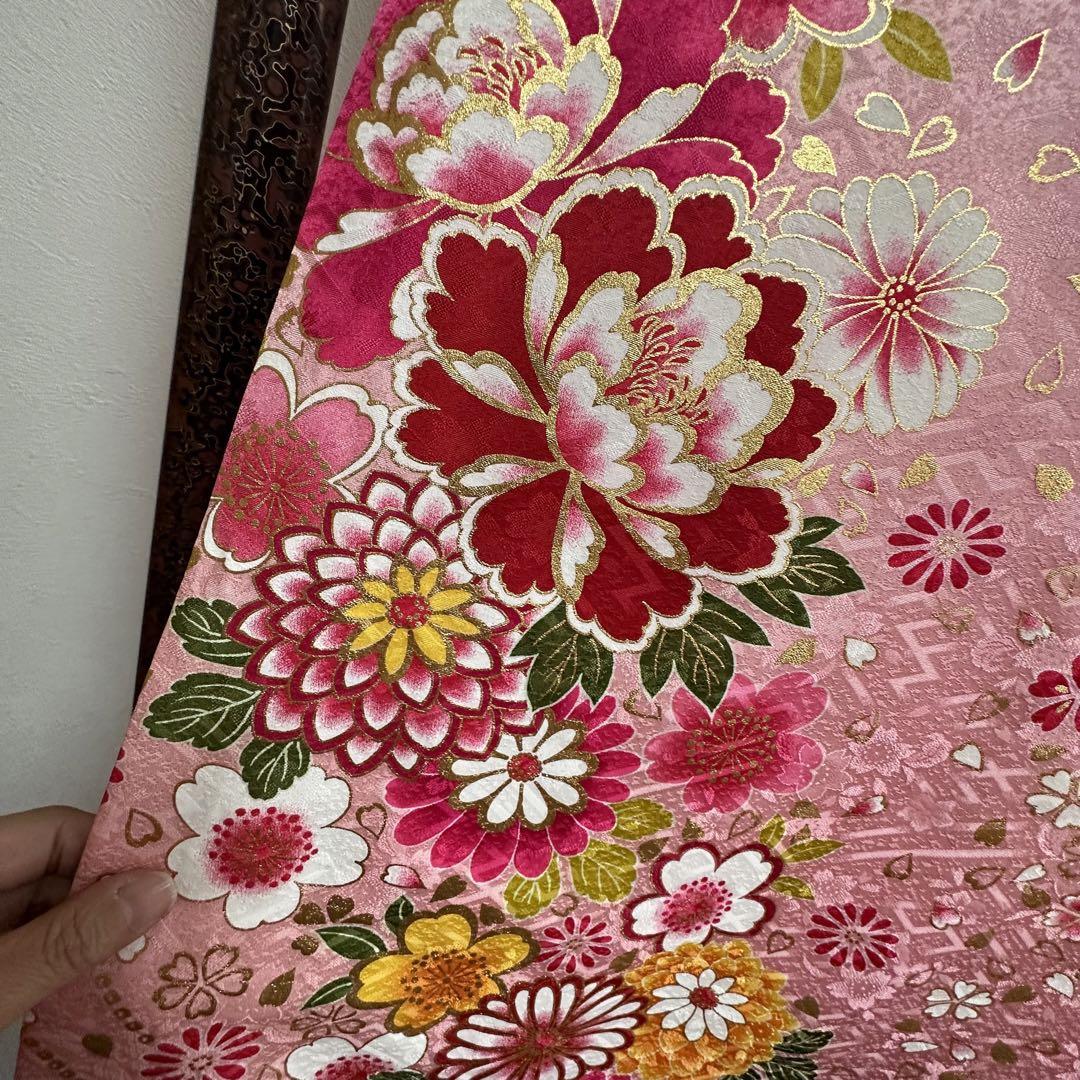 超美品　正絹　現代　振袖　成人式　着物　正絹　ピンク　 白　金　172