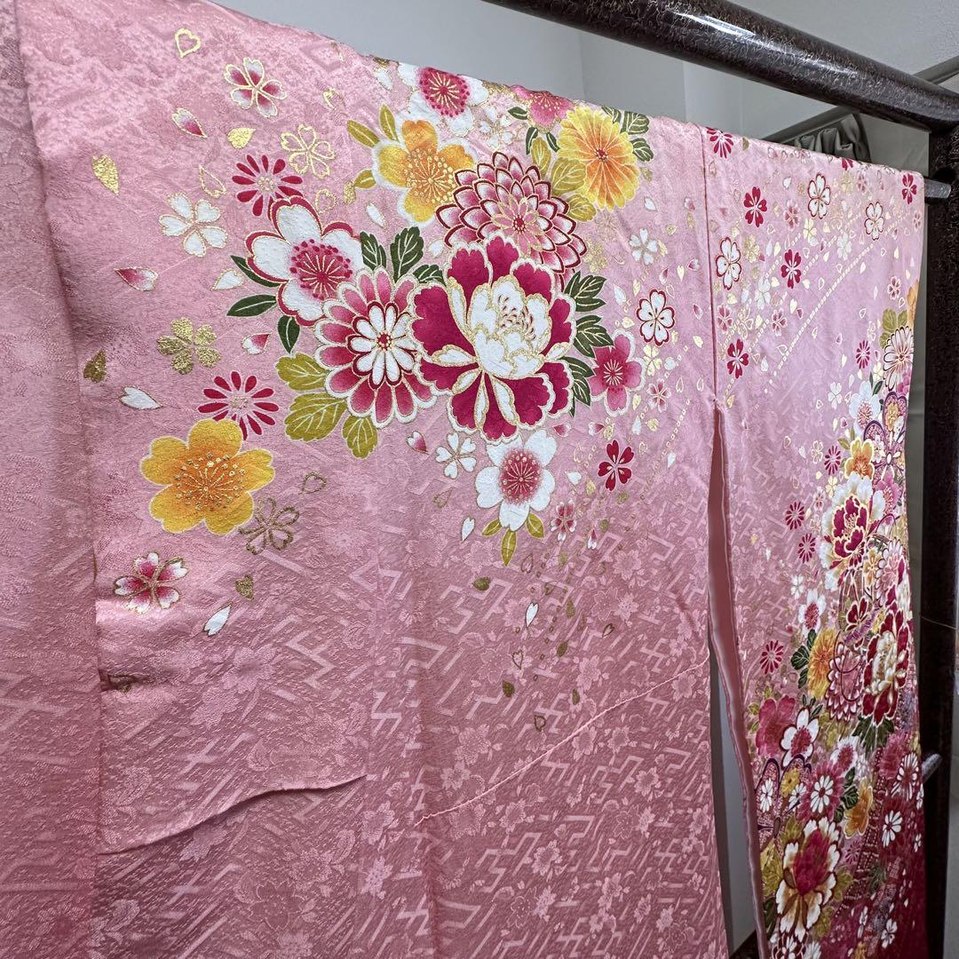 超美品　正絹　現代　振袖　成人式　着物　正絹　ピンク　 白　金　172