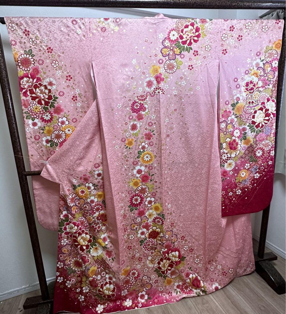 超美品　正絹　現代　振袖　成人式　着物　正絹　ピンク　 白　金　172