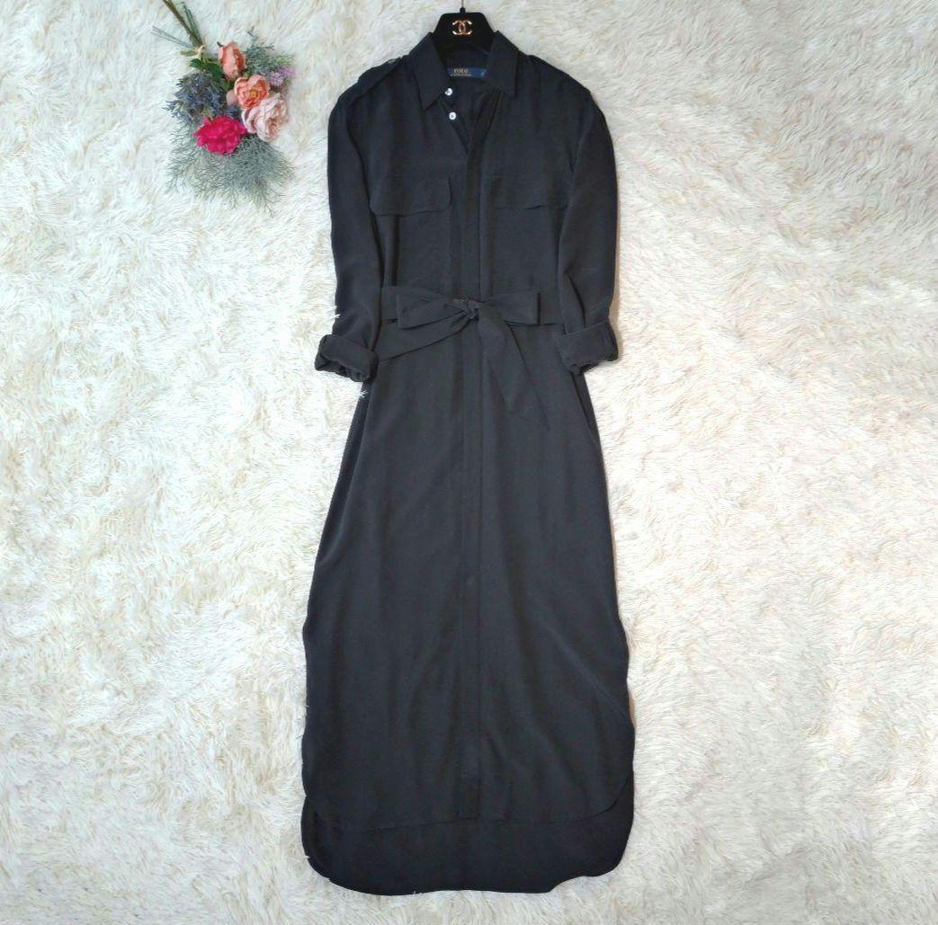 美品✨　シルク100%　高級感　ベルテッド　ロング　ワンピース　ブラック　マキシ