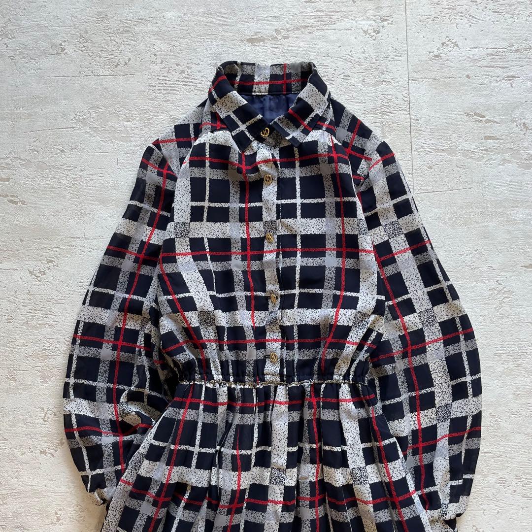 昭和レトロ ネイビーチェック柄 ロングワンピース 上品クラシックスタイルL VINTAGE