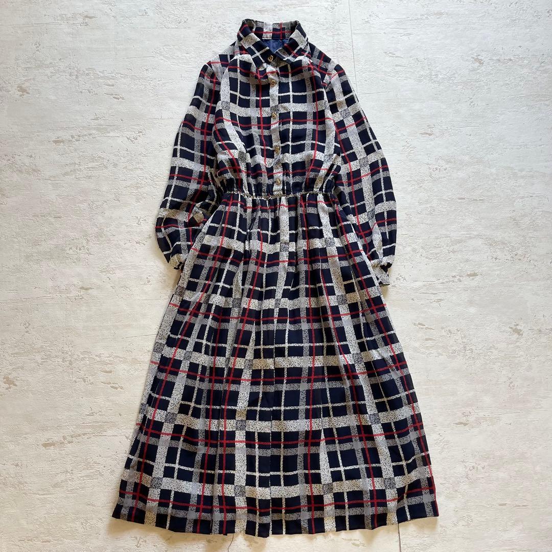 ネイビーチェック柄 ロングワンピース