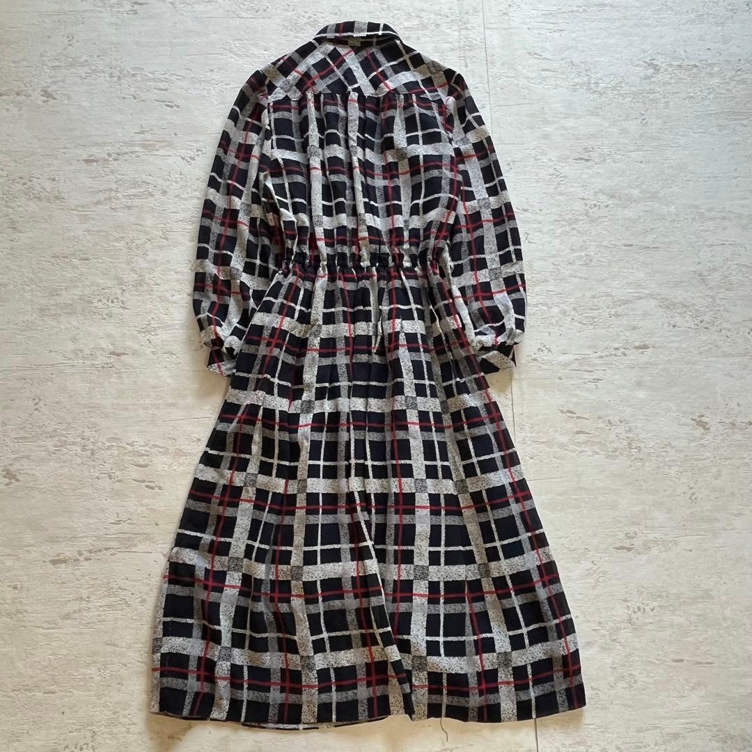 昭和レトロ ネイビーチェック柄 ロングワンピース 上品クラシックスタイルL VINTAGE DECORATOM_COM_BR