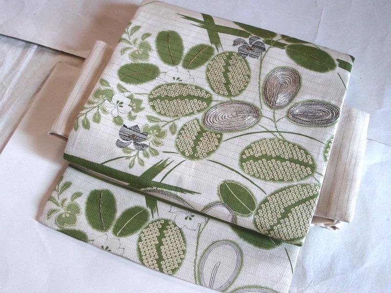 夏物　絽の塩瀬名古屋帯（萩、秋草文）手刺繍　アンティーク　正絹美品