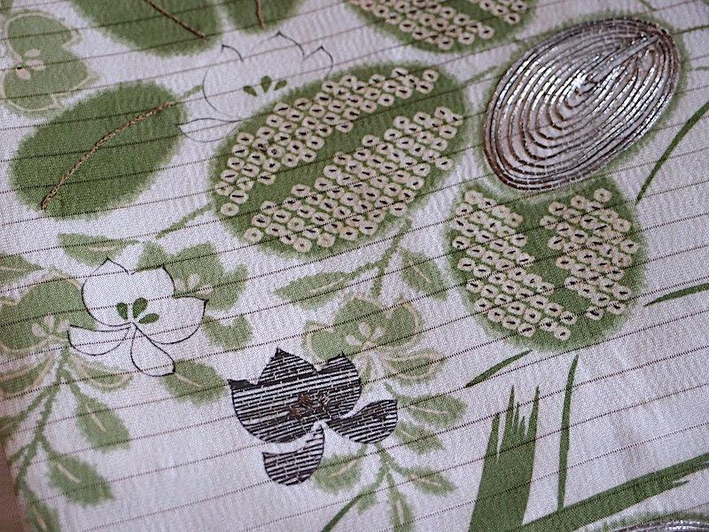 夏物　絽の塩瀬名古屋帯（萩、秋草文）手刺繍　アンティーク　正絹美品