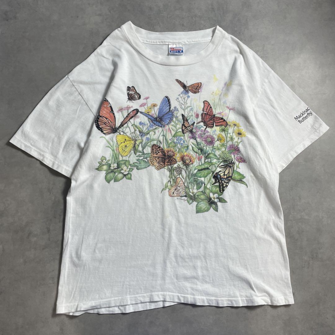 90s USA製 蝶 花 アート 絵画 art vintage T-shirt