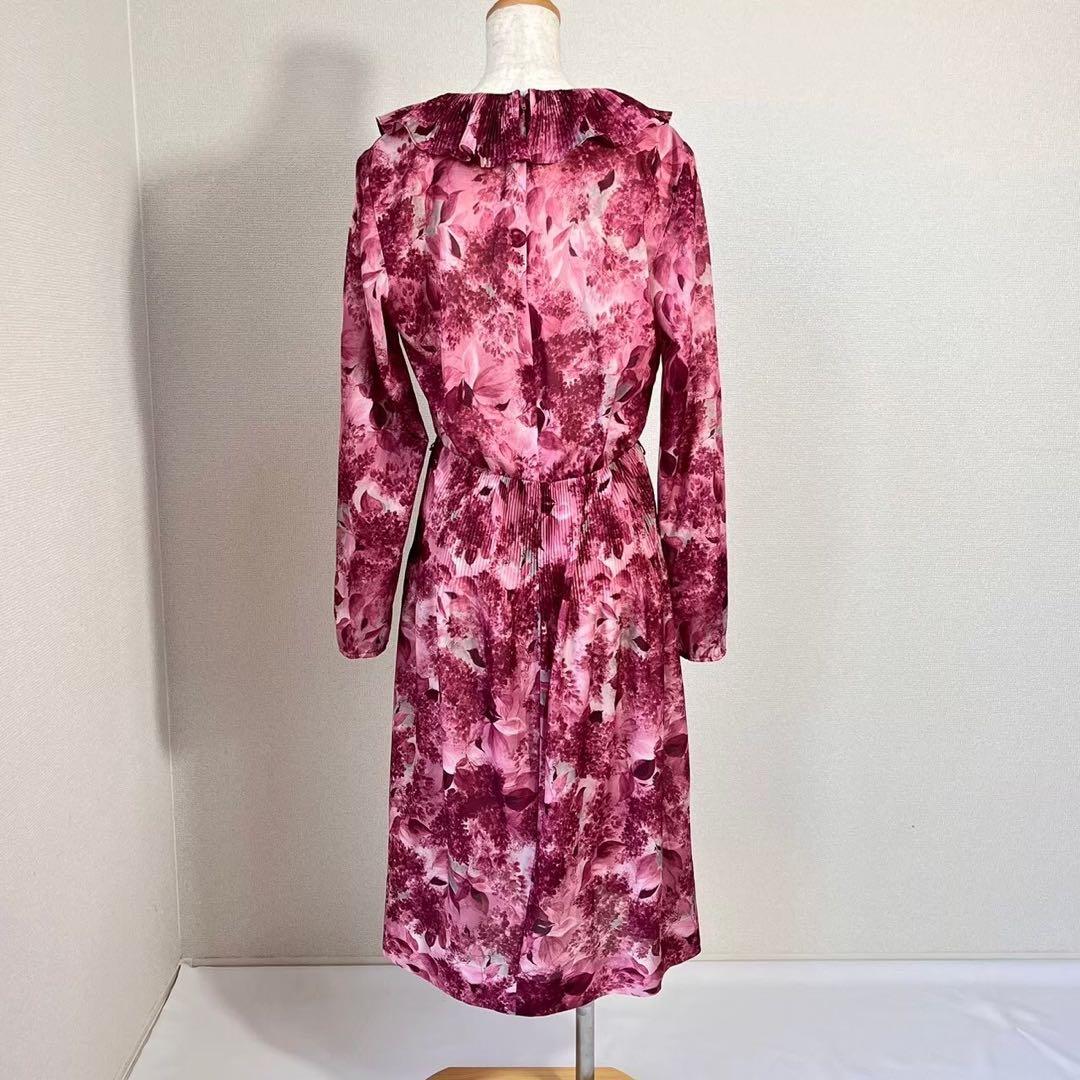 70s 80s カナダ製 花柄 プリーツビッグカラー 長袖 ワンピースY246