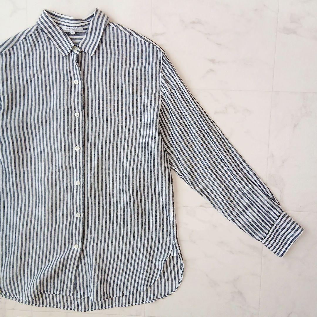 美品 23区 リベコ リネン100 グリーンストライプ ベーシックシャツ 38 美品 23区 リベコ リネン100 グリーンストライプ ベーシック