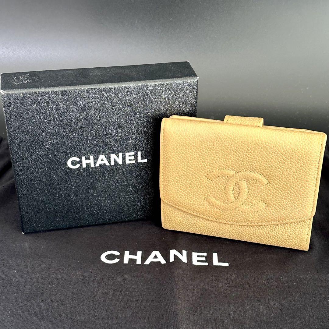 CHANEL CCロゴ　長財布　ウォレット　キャビアスキン　ベージュ カード付