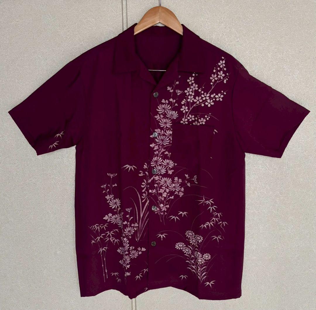 アロハシャツ紫色 花柄刺繍 アロハシャツ 半袖