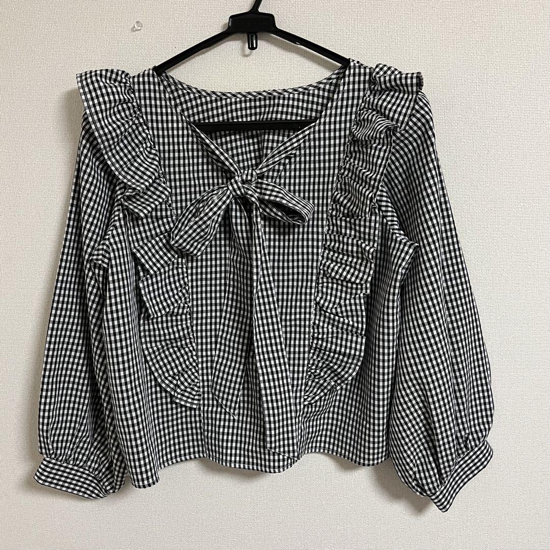 美品　バーバリーブルーレーベルフリルリボン付ギンガムチェックシャツ36 美品 バーバリーブルーレーベルフリルリボン付ギンガムチェック