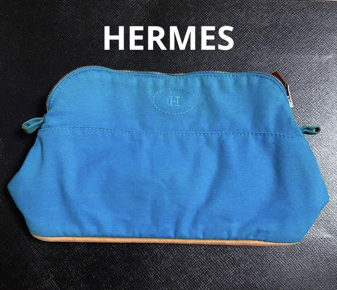 【HERMES エルメス】キャンバス ポーチ ボリード H 刺繍 ターコイズ