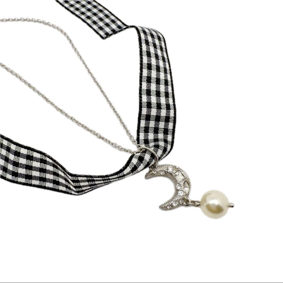 Miu Miu ミュウミュウ 月モチーフ×パール チェックリボン ネックレス