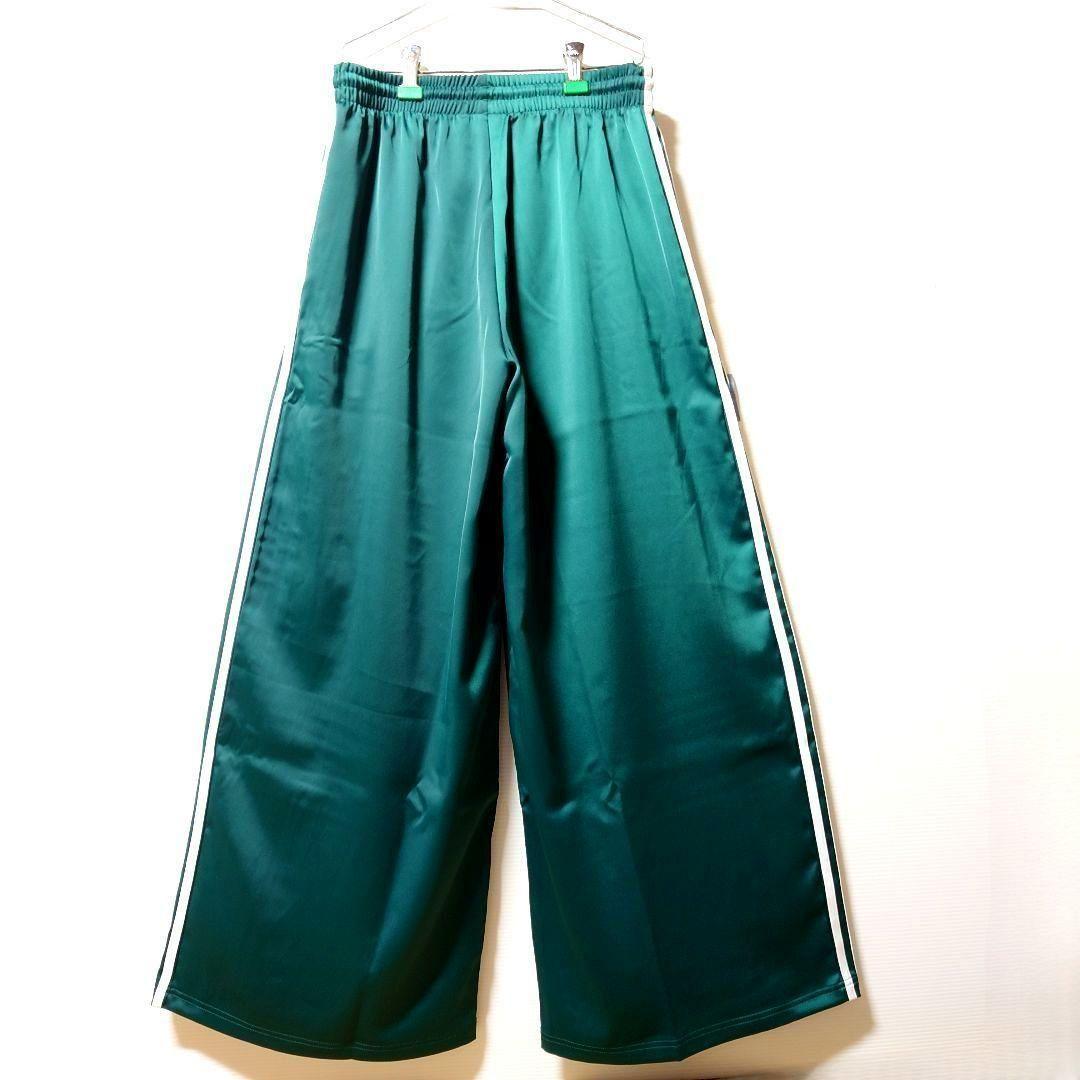 新品☆adidas☆濃緑S☆サテンワイドレッグトラックパンツ