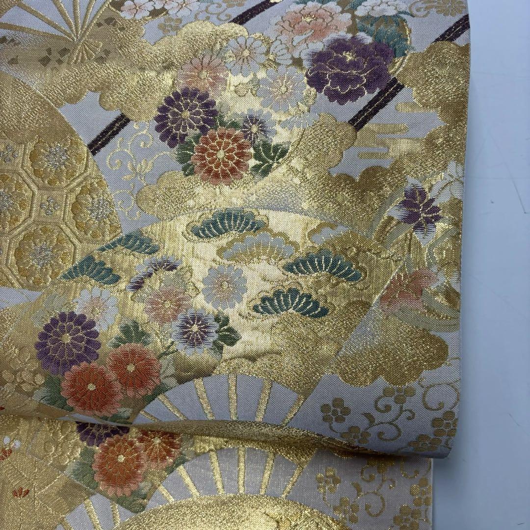 袋帯 金の扇子にお華 菱 素敵なデザイン 正絹 T-2856 着物・浴衣