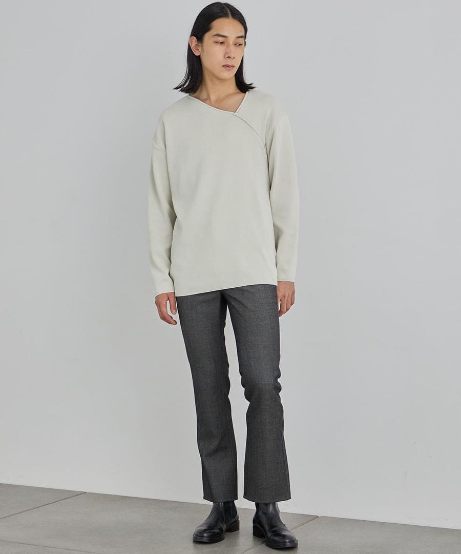 アシンメトリーVネック長袖カットソーライトグレー