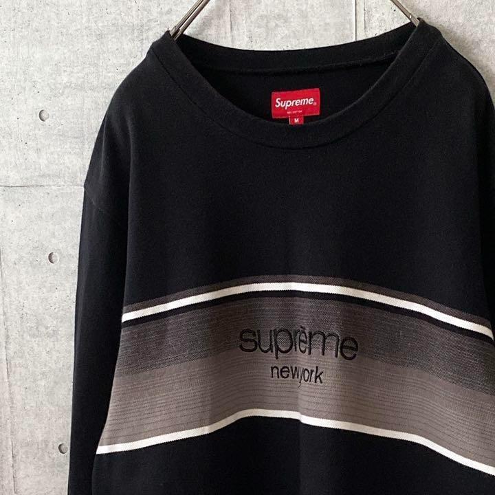 supreme シュプリーム センター 刺繍ロゴ ロンT 鹿の子 ブラック M
