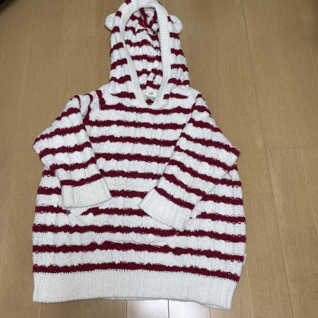 赤と白のストライプ フード付きパーカー