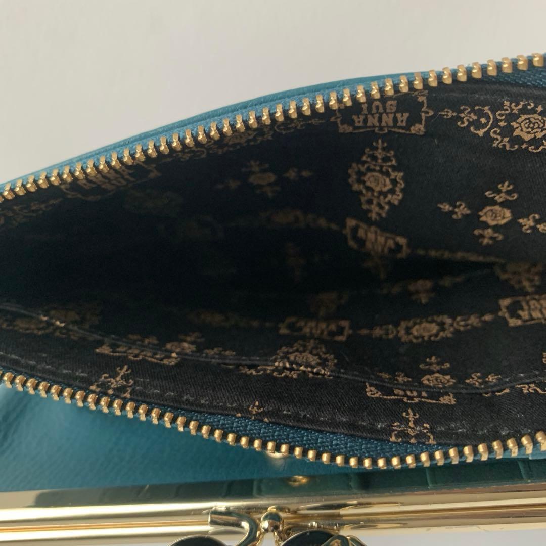 ANNA SUI 二つ折り財布 がま口 プレイングキャット ネコ ターコイズ