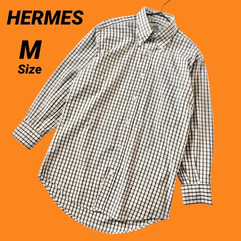 エルメス ブラウン チェック柄 ボタンダウン 長袖シャツ ラウンドヘムM・HERMES