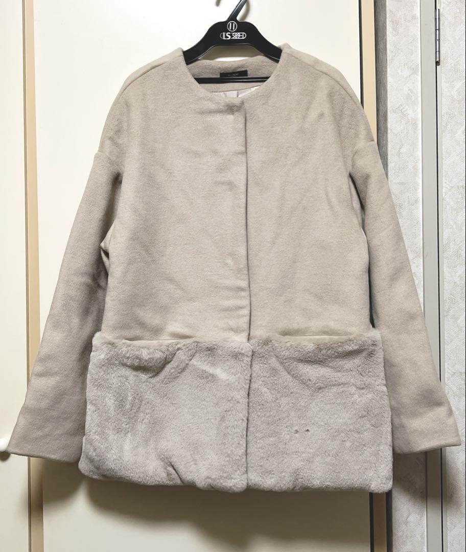 BASEMENT online ／ウール混　裾ファーノーカラーコート　ベージュ