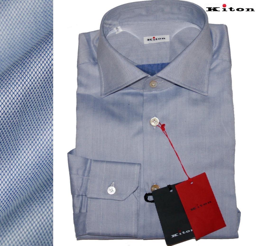 17万 新品★Kiton キートン【水色 細かい鱗模様】総手縫い★長袖シャツ