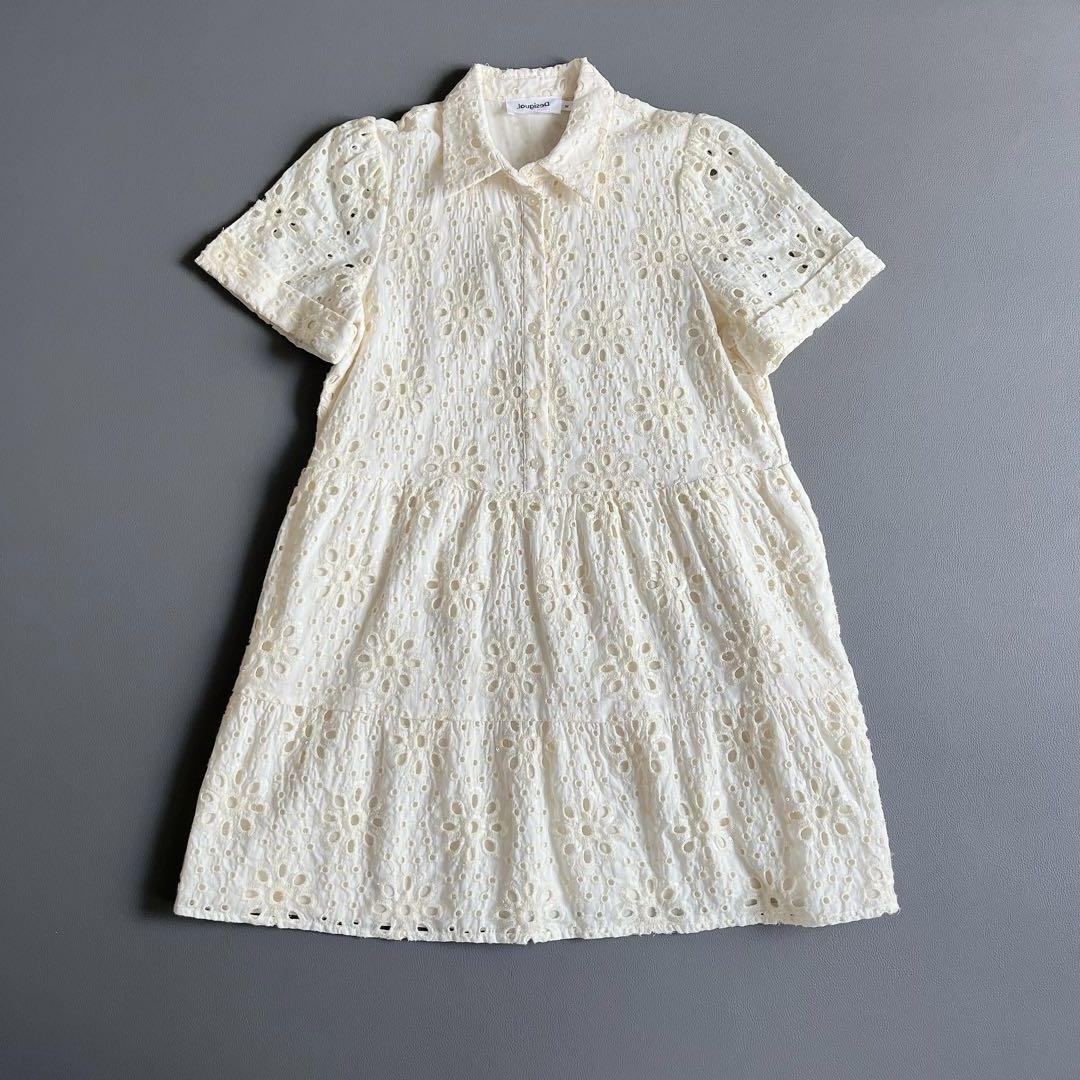 デシグアル　スイス刺繍シャツワンピース　ティアード　総レース　スパンコール