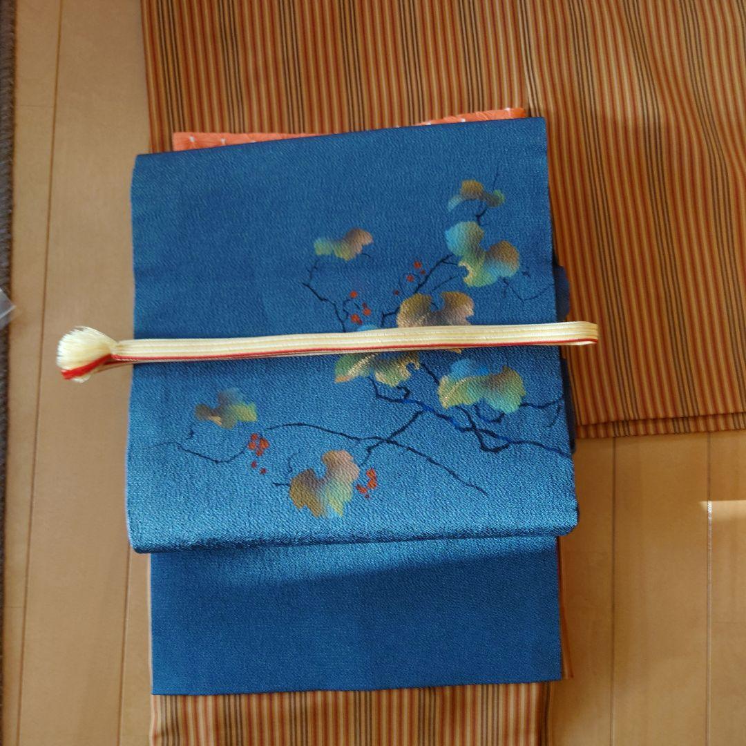 お勧め！【美品】洗える小紋フルセット　身幅広め　黄茶色に粋な縞柄　　新品名古屋帯