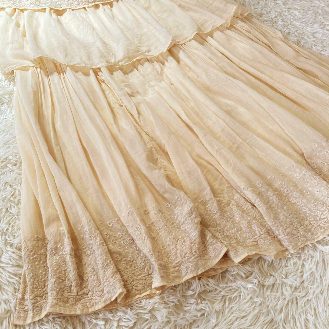 ヌキテパ コットンティアードマキシドレス 刺繍レースワンピース クリーム色 F ヌキテパ コットンティアードマキシドレス 刺繍レースワンピース クリーム色 F