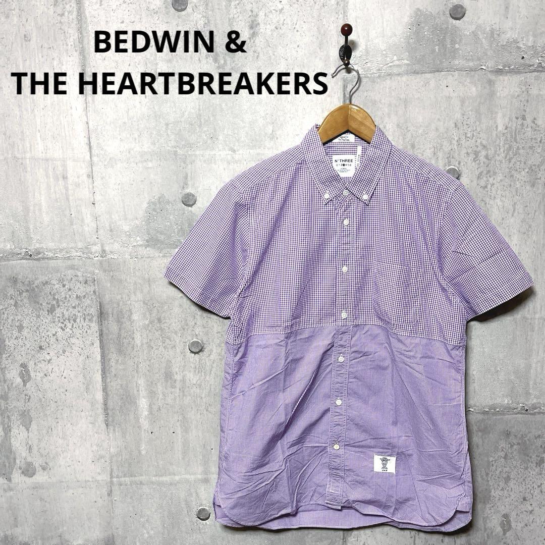 BEDWIN ベドウィン メンズ 切替 半袖チェックシャツ 3 パープル
