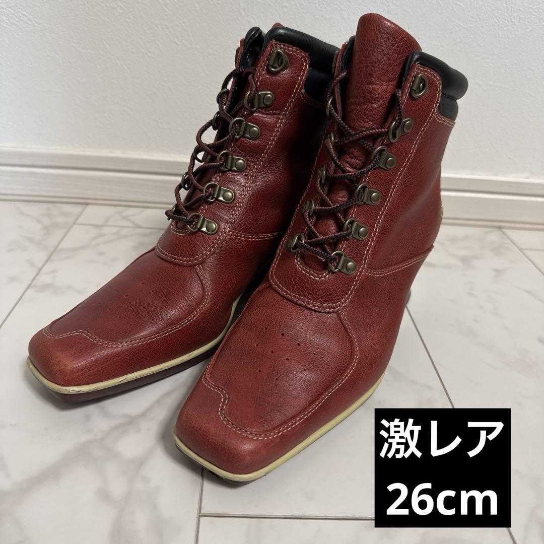 レッドレザースクエアトゥレースアップウェッジアンクルブーツ