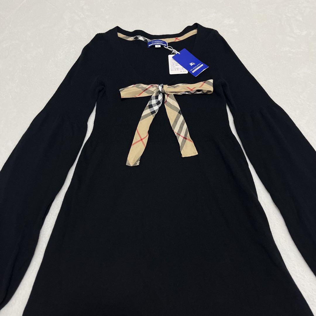 BURBERRY ワンポイント ノバチェック ニット ワンピース ネイビー 38 新品✨バーバリーブルーレーベル ニットワンピース ボウタイ