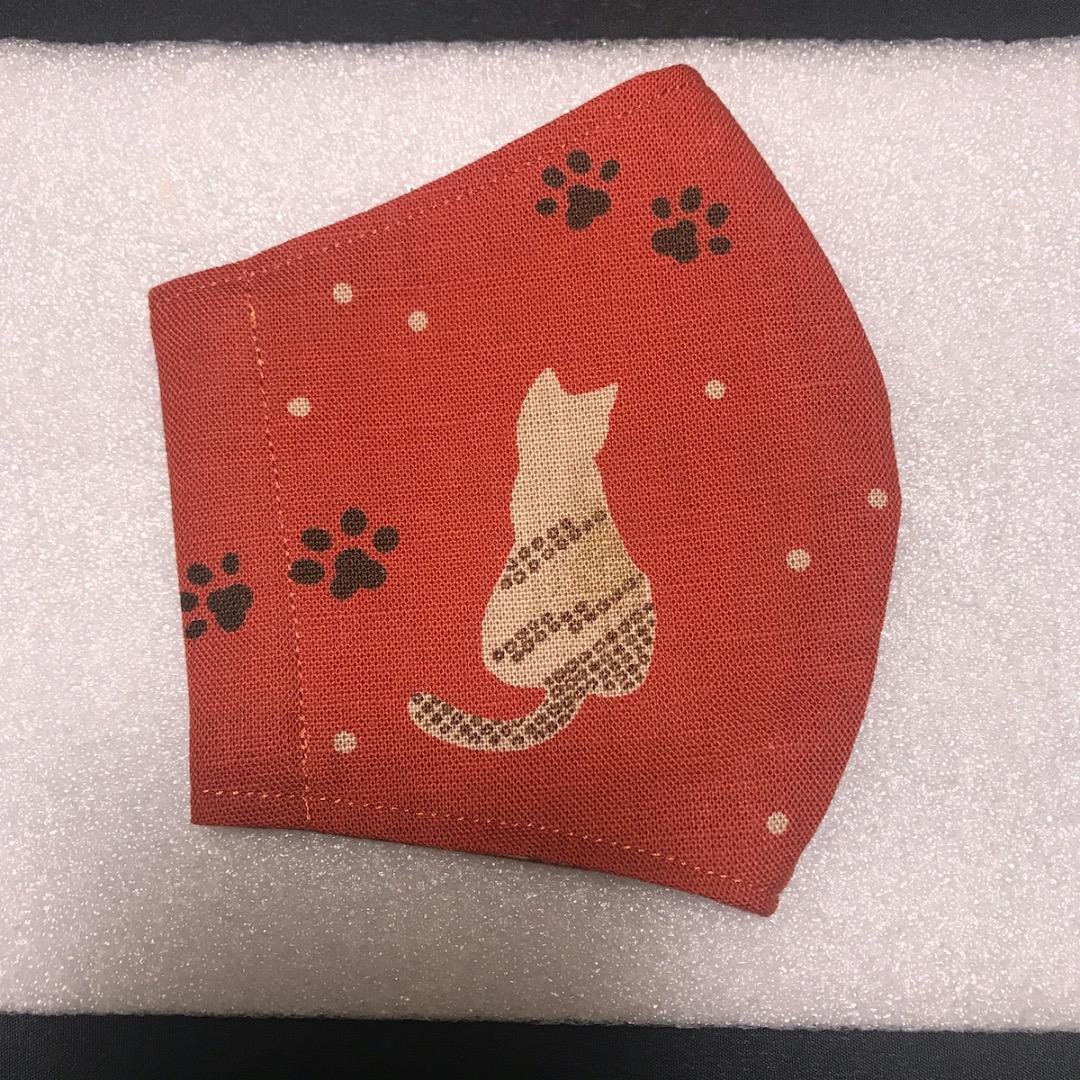 【猫柄エンジ色】ハンドメイド 大人用 立体 インナーマスク 手作り