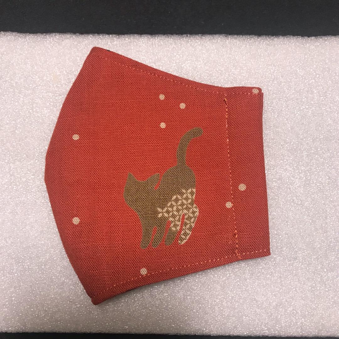 【猫柄エンジ色】ハンドメイド 大人用 立体 インナーマスク 手作り