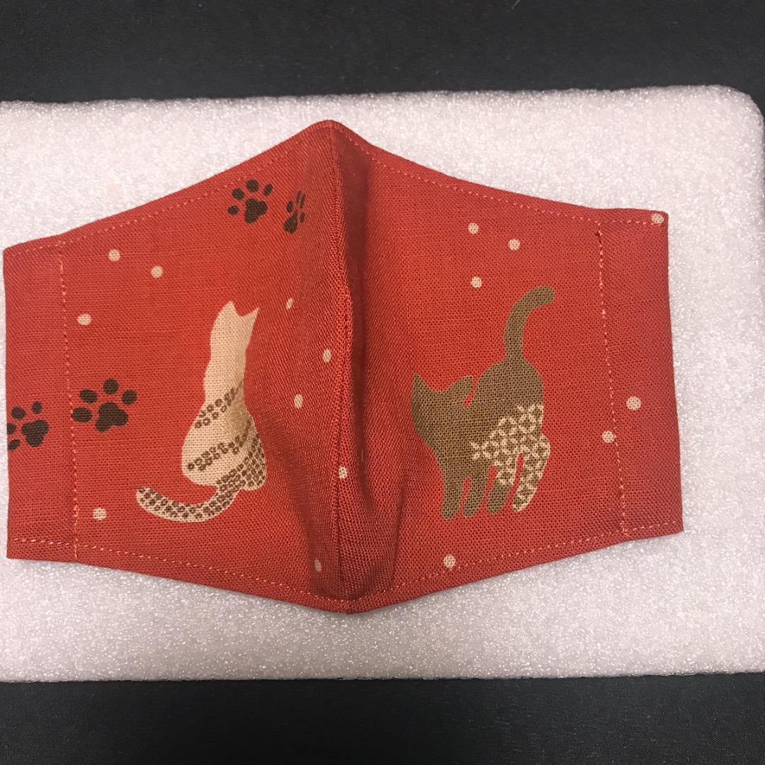 【猫柄エンジ色】ハンドメイド 大人用 立体 インナーマスク 手作り