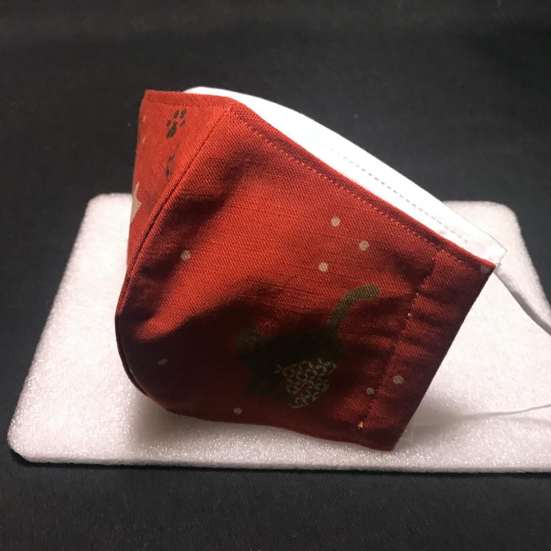 【猫柄エンジ色】ハンドメイド 大人用 立体 インナーマスク 手作り