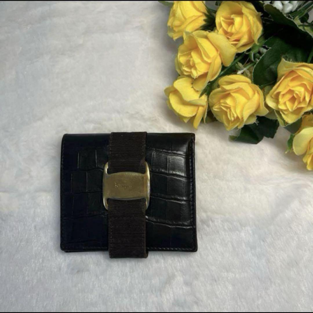 Salvatore Ferragamo フェラガモ クロコ型押し 二つ折財布 フェラガモ 二つ折り財布 財布 メンズ ダブル ガンチーニ クロコ