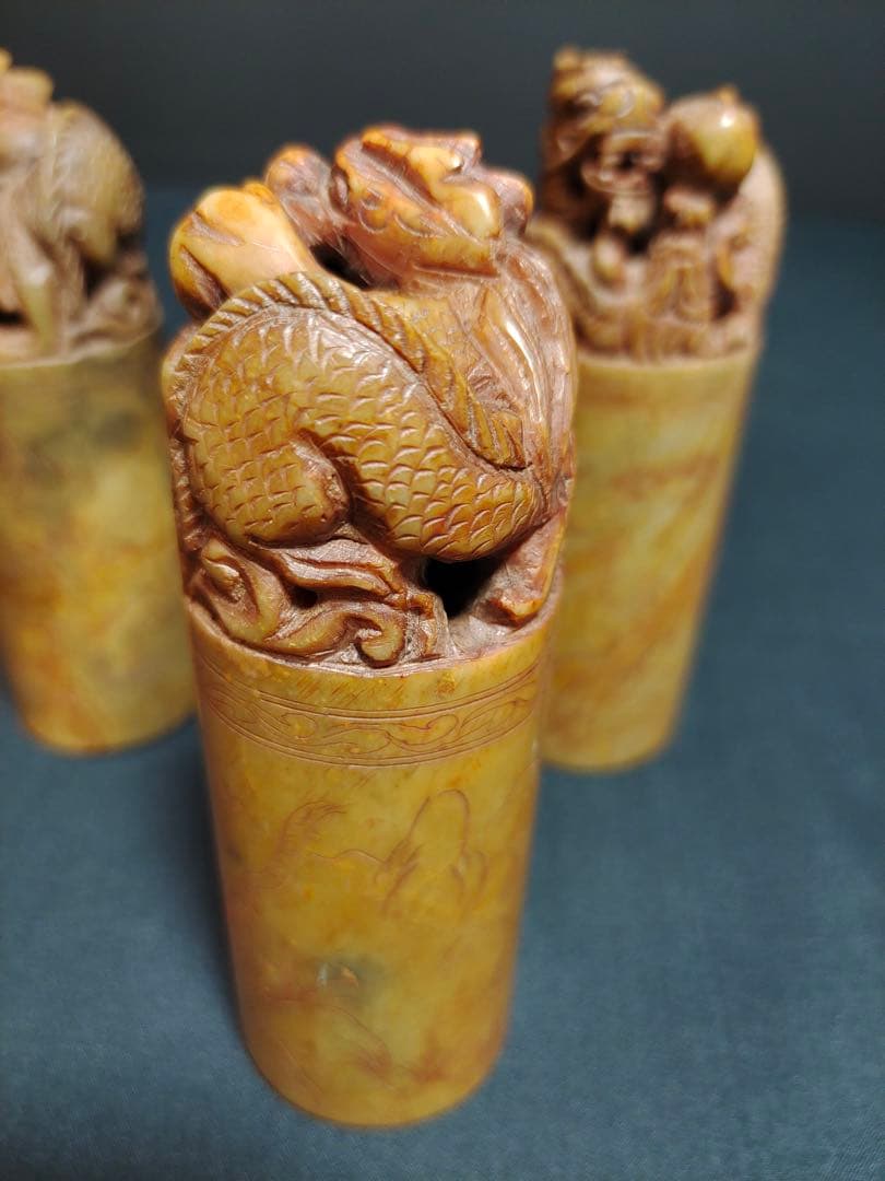 時代印材　寿山石　円印3本　篆刻　文房具　書道用品　オブジェ　彫刻　山水老松鶴虎 時代印材 寿山石 円印3本 篆刻 文房具 書道用品 オブジェ 彫刻