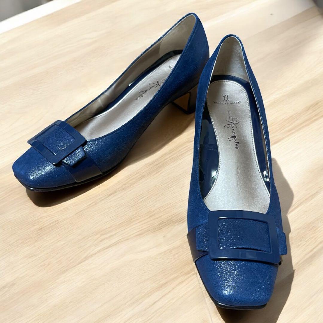 レイ美品　銀座かねまつ　バックル　ネイビー　24.5 チャンキー　スクエア