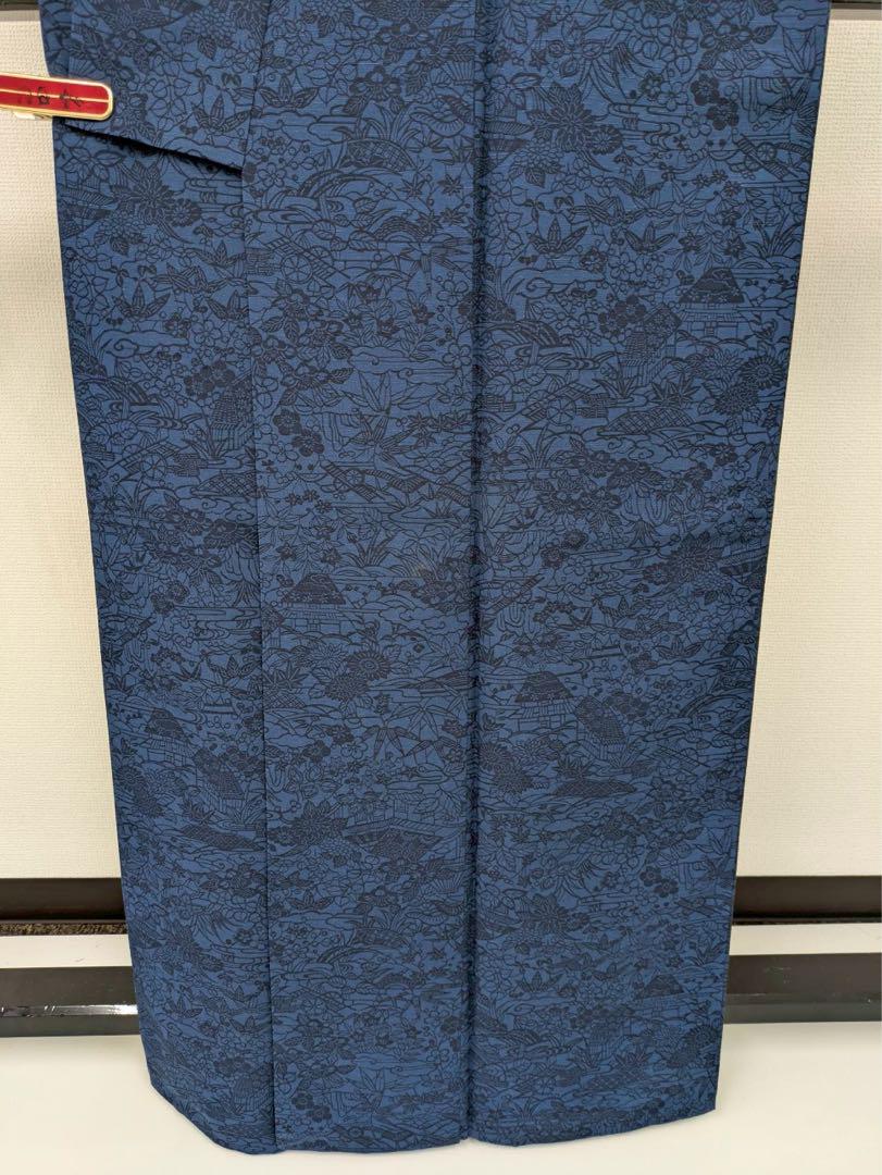 藍染め 型染め 紬 正絹 高島屋 素敵なデザイン 着物 U-5949 藍染め 型染め 紬 正絹 高島屋 素敵なデザイン 着物 U-5949