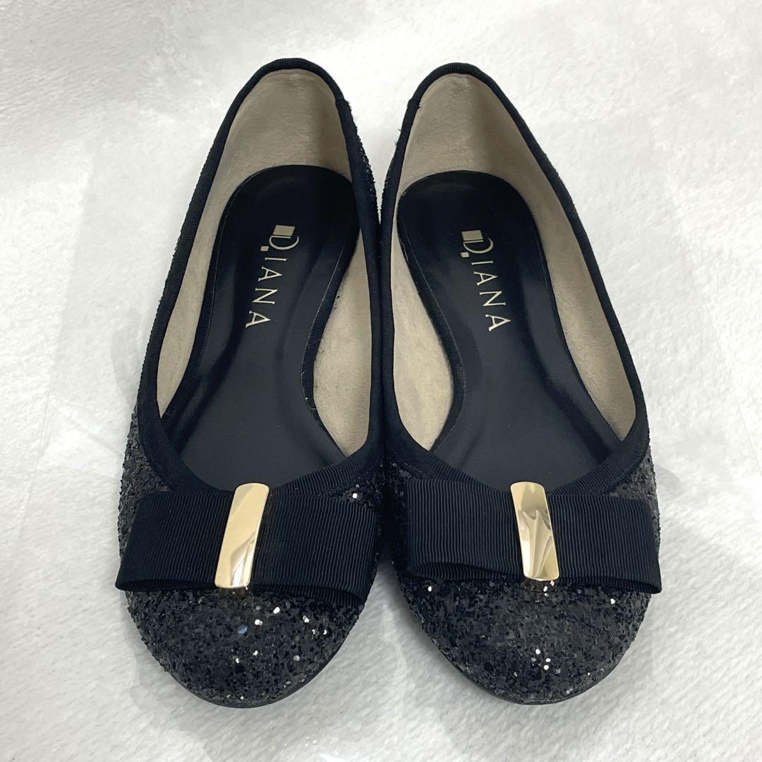 美品 DIANA ダイアナ グリッター リボン フラットパンプス 24cm