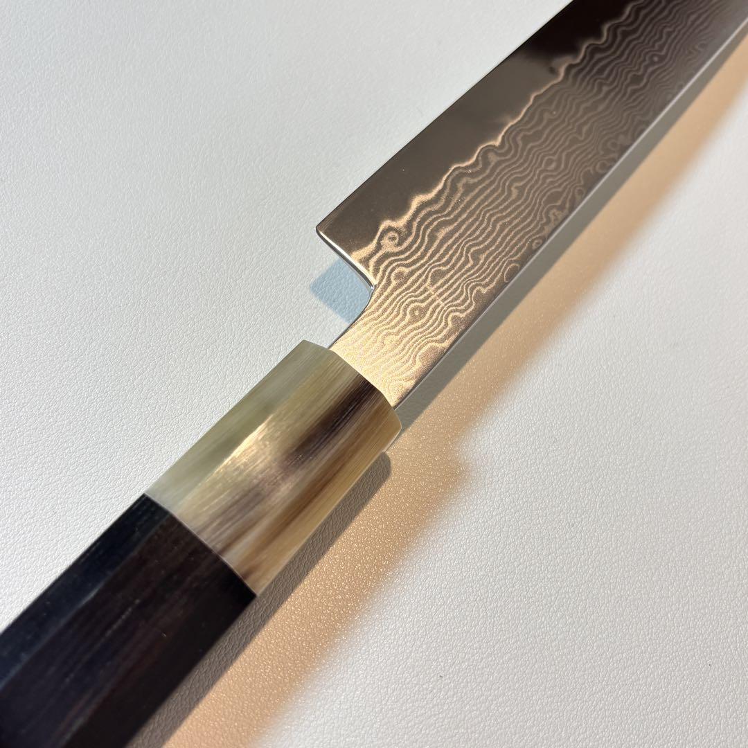 柳刃包丁　ダマスカス黒檀　本水牛角 刺身包丁 和包丁 300mm. 240mm 柳刃包丁 墨流しダマスカス黒檀 本水牛八角柄 刺身包丁 和