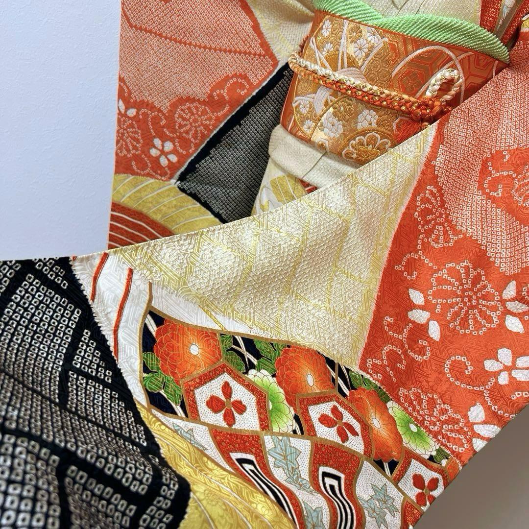 313 振袖フルセット 正絹 黒 橙 絞り 金彩 駒刺繍 刺繍 やや難あり 386 振袖フルセット 正絹 橙 黄色 黒 絞り 金彩 駒刺繍 レトロ