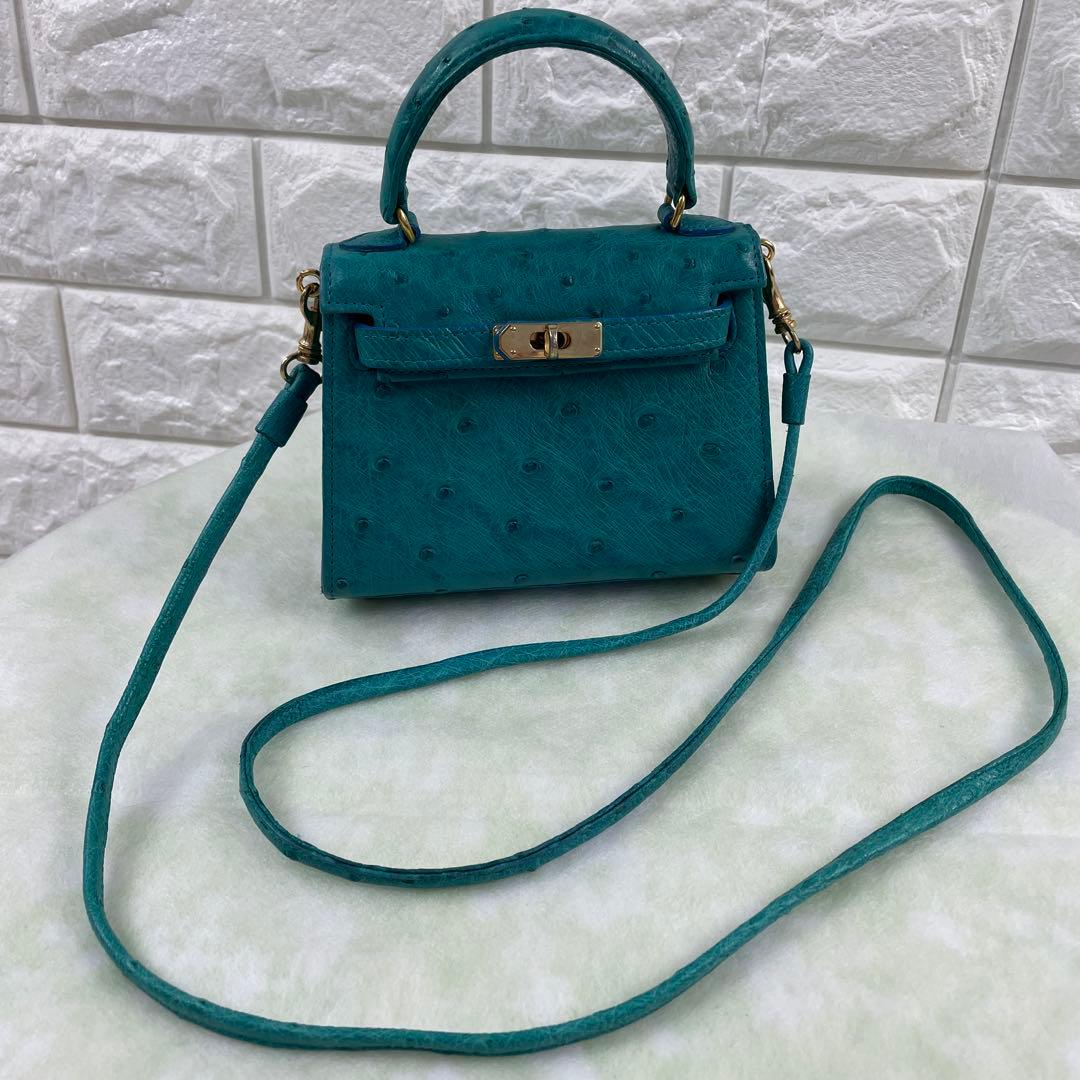オーストリッチ、2wayバッグ、ショルダーバッグ、ミニサイズ、ターコイズグリーン
