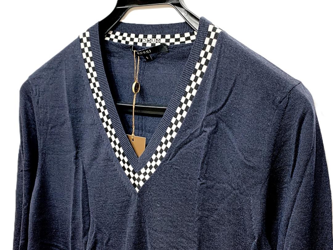 [タグ付新品]グッチGUCCI Vネック 長袖ニットセーター ネイビー[正規]