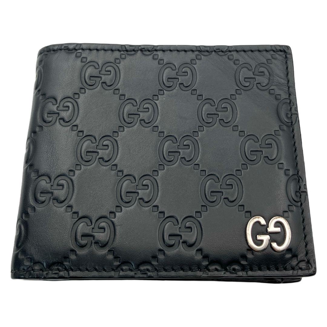 完品 グッチ 二つ折り財布 メンズ ドリアン GGシグネチャー レザー ブラック