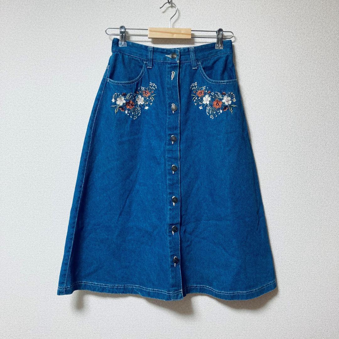 刺繍ロングスカート デニム 刺繍 (S) 花柄　ミモレ丈　ウエストゴム 古着
